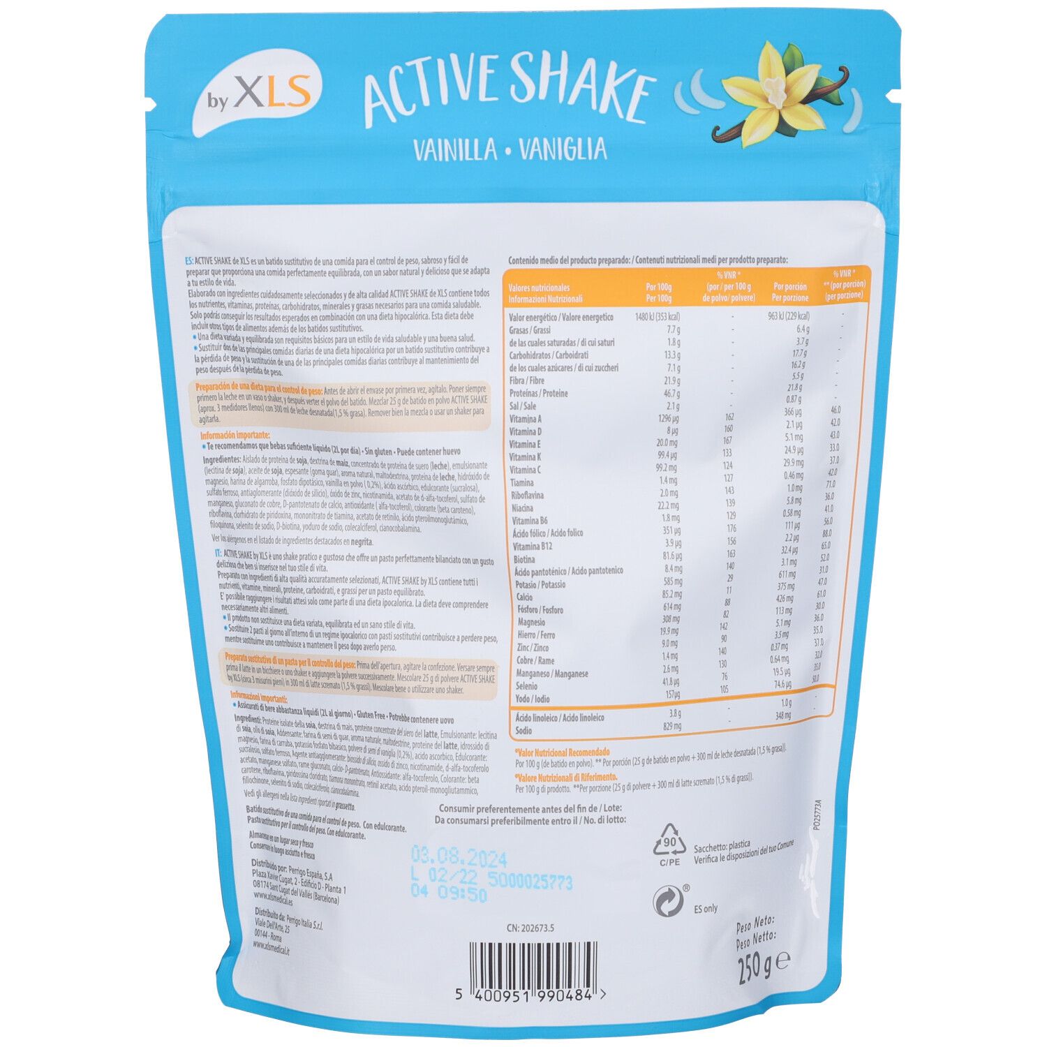 Busta Active Shake by XLS Vaniglia. Scritta: Active Shake, Vaniglia. Retro con informazioni nutrizionali e testo.