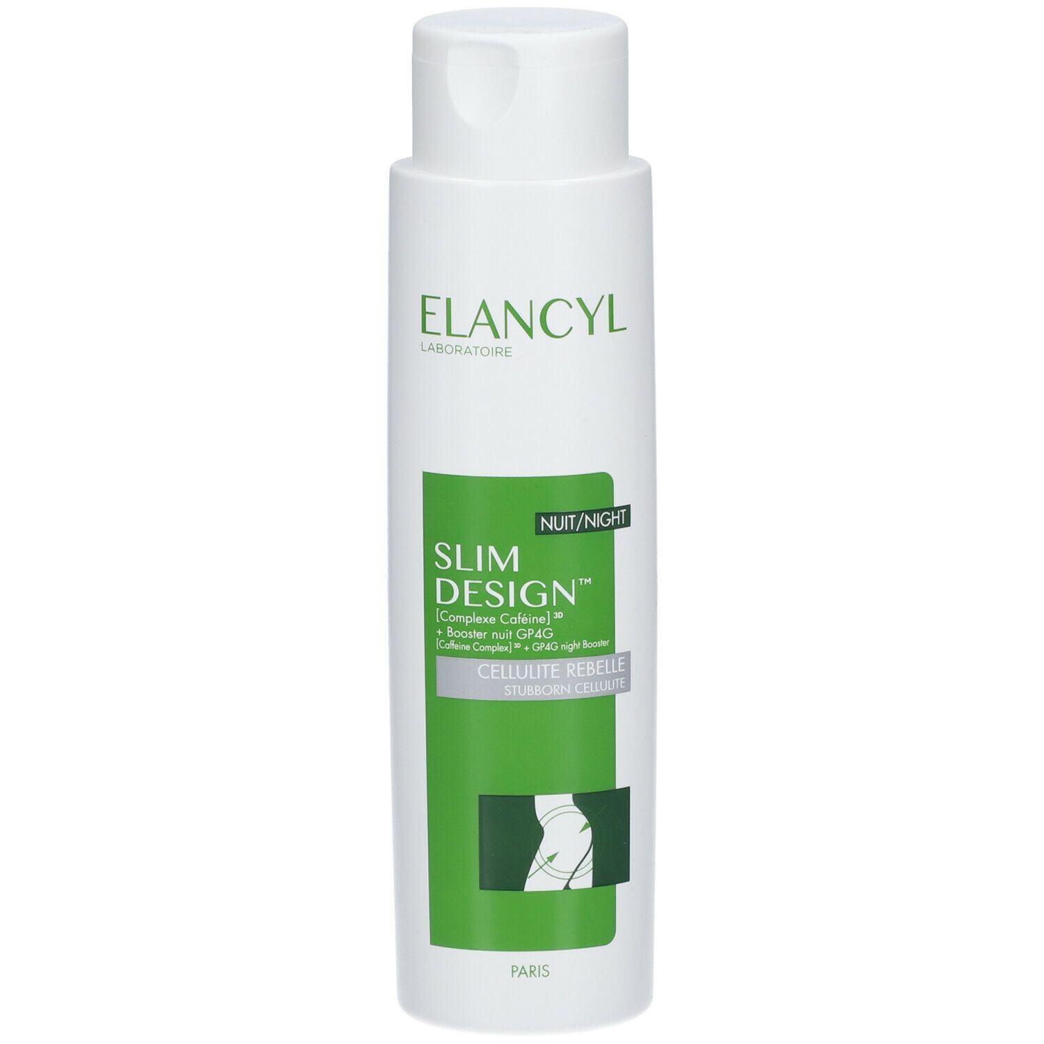Flacone bianco-verde con logo ELANCYL e scritta Slim Design. Contiene l'illustrazione di una silhouette.
