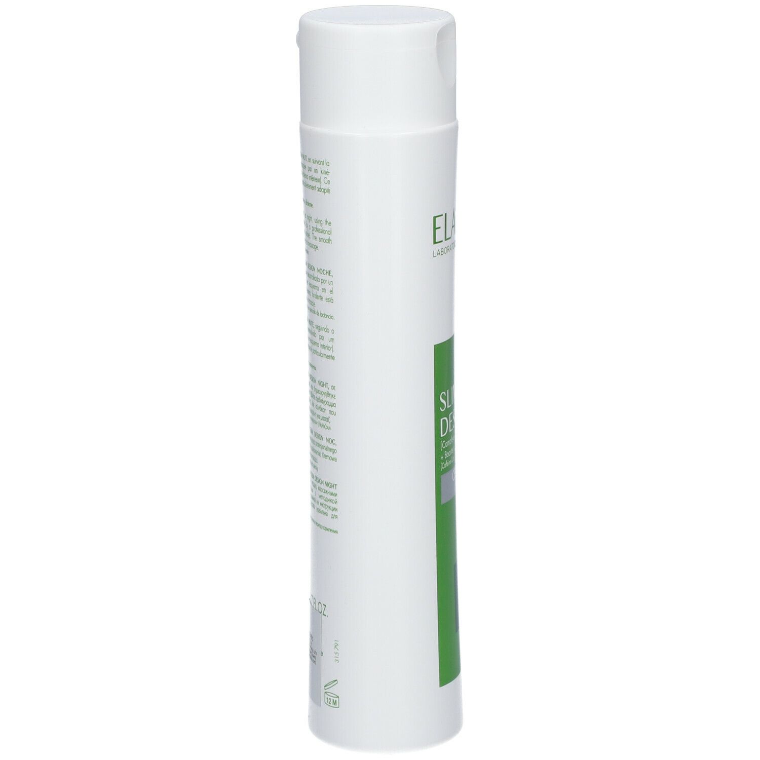 Vista laterale di un flacone bianco con testo. Il logo ELANCYL e la scritta Slim Design sono parzialmente visibili.