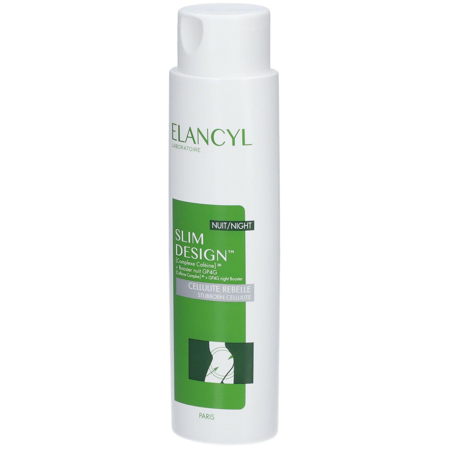 Flacone bianco-verde con logo ELANCYL e scritta Slim Design. Contiene l'illustrazione di una silhouette.