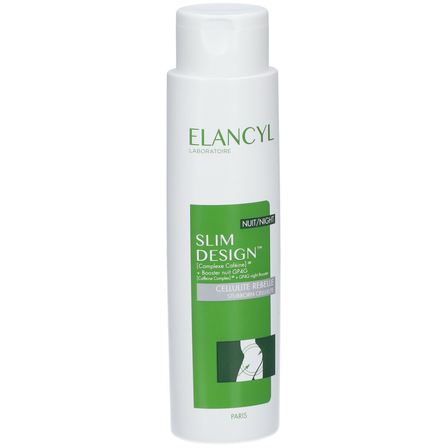 Flacone bianco-verde con logo ELANCYL e scritta Slim Design. Contiene l'illustrazione di una silhouette.