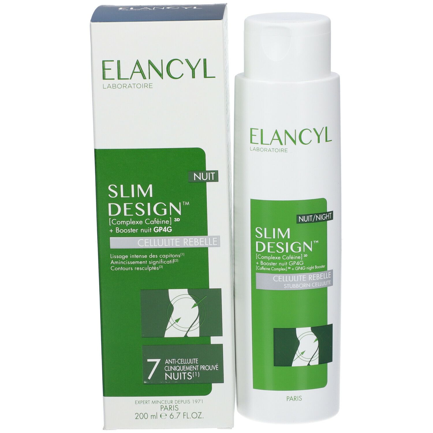Confezione del prodotto con flacone e scatola. ELANCYL Slim Design, 200 ml. Contiene l'illustrazione di una silhouette.