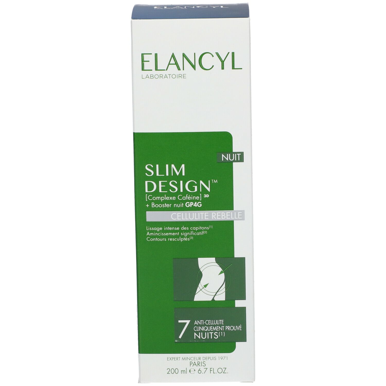 Confezione del prodotto con scatola. ELANCYL Slim Design, 200 ml. Contiene l'illustrazione di una silhouette.