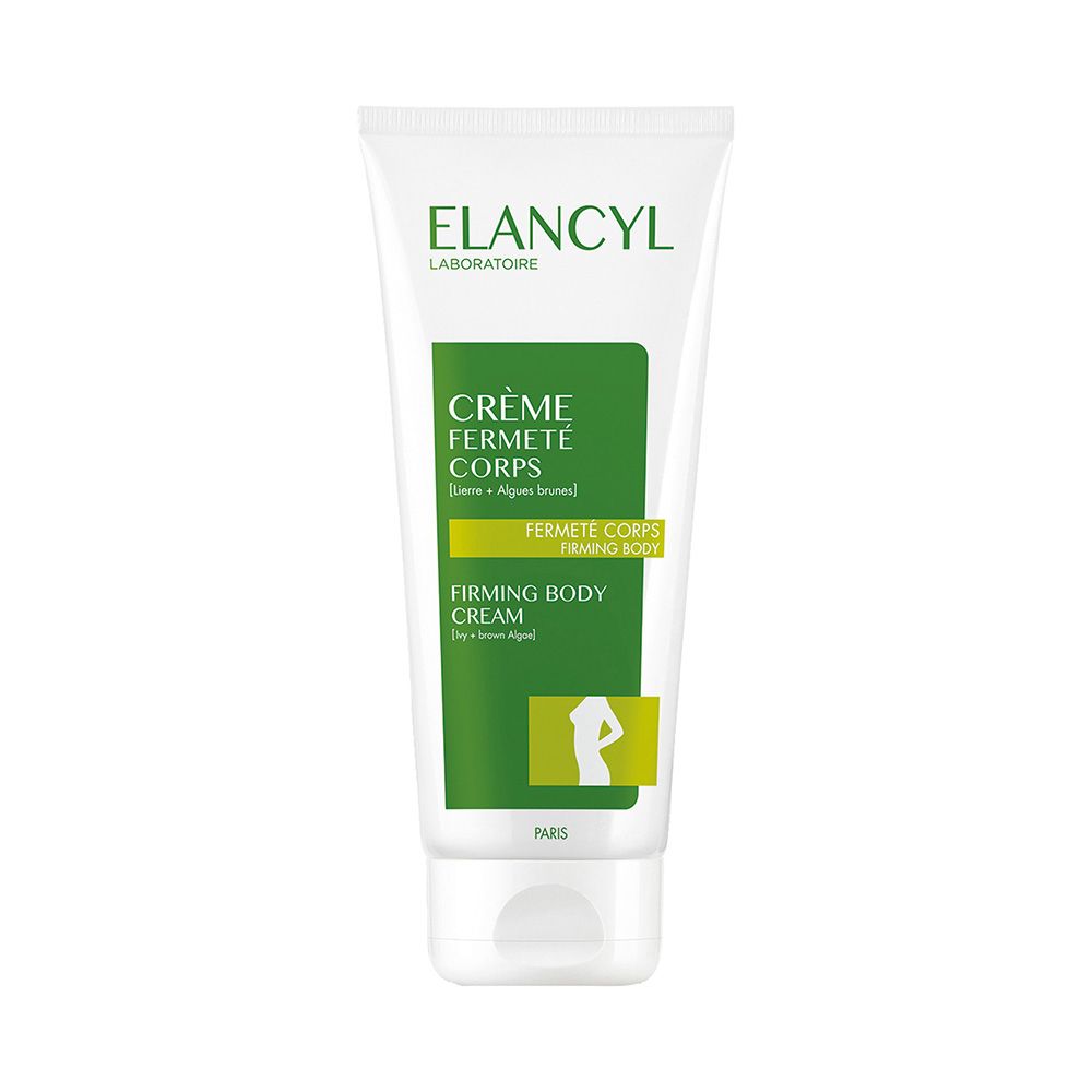 Tubo bianco con etichetta verde. Scritta: ELANCYL, Crème Fermeté Corps, Firming Body Cream. Silhouette femminile.