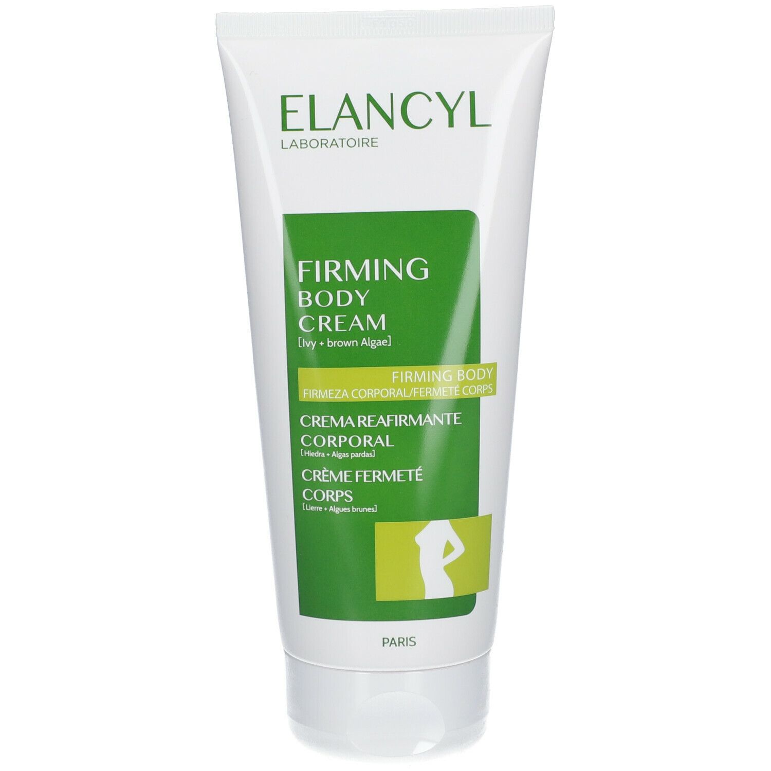Tubo bianco con etichetta verde. Scritta: ELANCYL, Firming Body Cream, Crème Fermeté Corps. Silhouette femminile.
