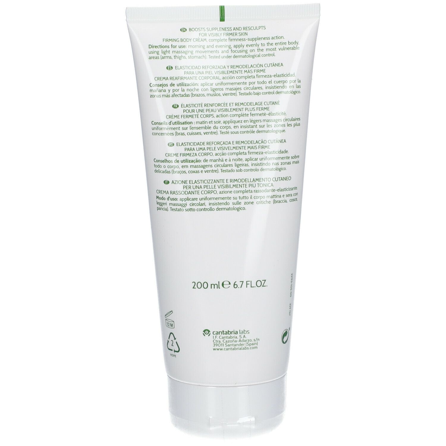 Retro del tubo bianco. Testo multilingue. Scritta: 200 ml 6.7 FL.OZ. Simbolo di riciclaggio.