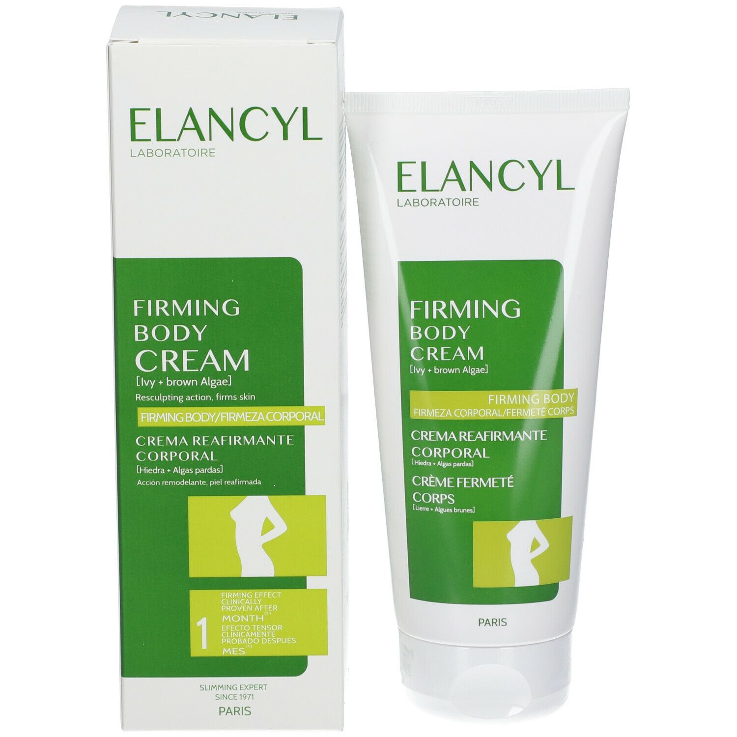 Confezione del prodotto con tubo e scatola. Scritta: ELANCYL, Firming Body Cream, Crème Fermeté Corps.
