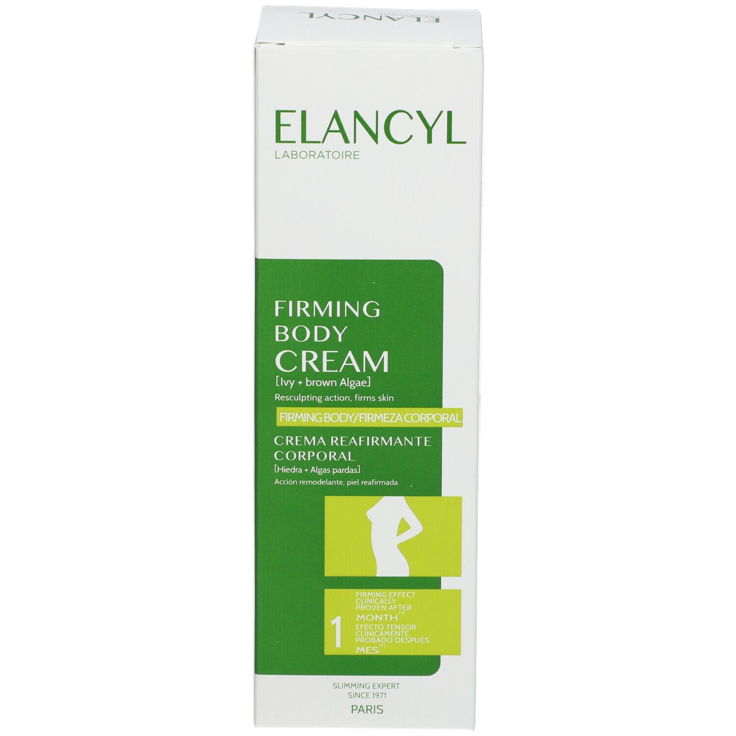 Confezione bianca. Scritta: ELANCYL, Firming Body Cream, Crème Fermeté Corps. Silhouette femminile.