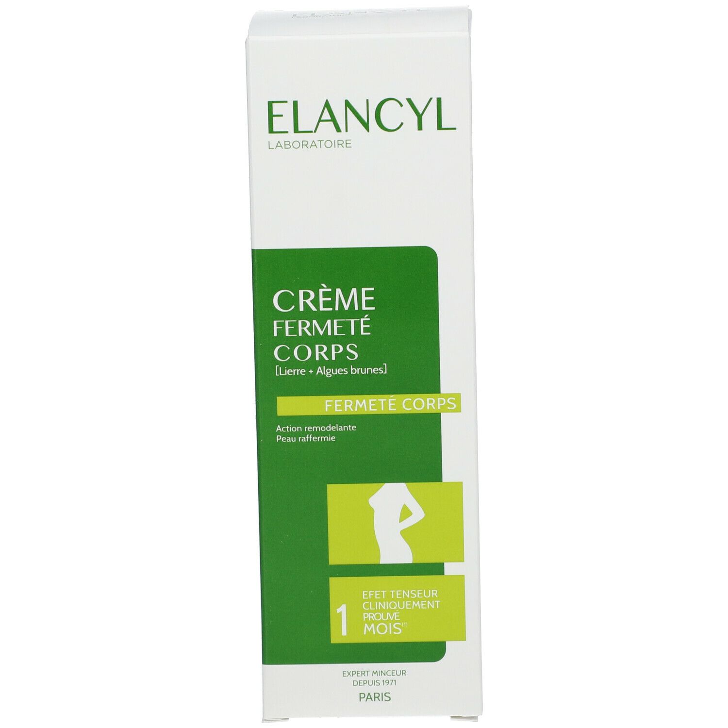 Confezione del prodotto. Scritta: ELANCYL, Crème Fermeté Corps. Silhouette. Scritta: 1 mese.