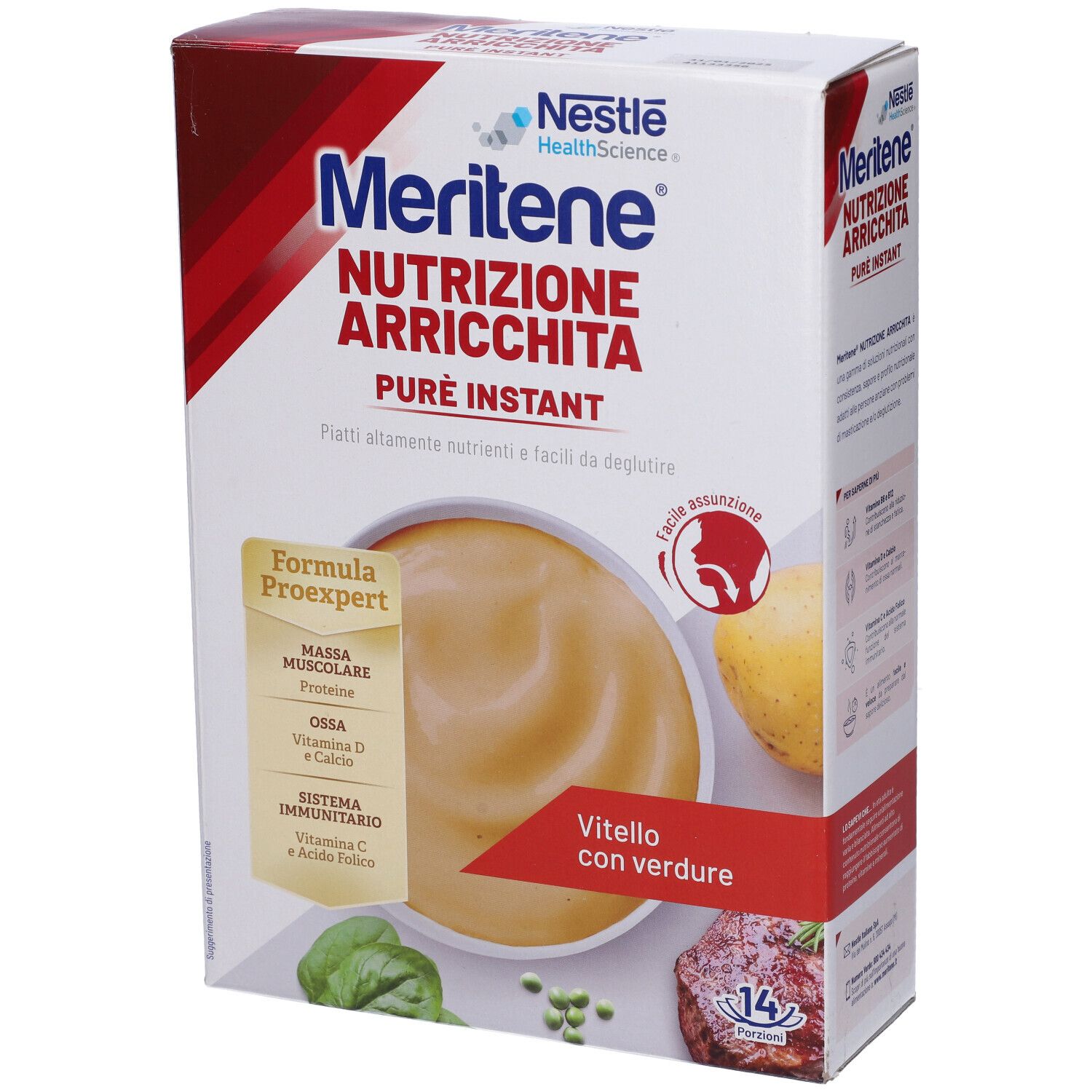 Confezione Nestlé MERITENE® Puré Vitello con Verdure. Scritta: Nutrizione Arricchita, Puré Instant. Immagine del prodotto.