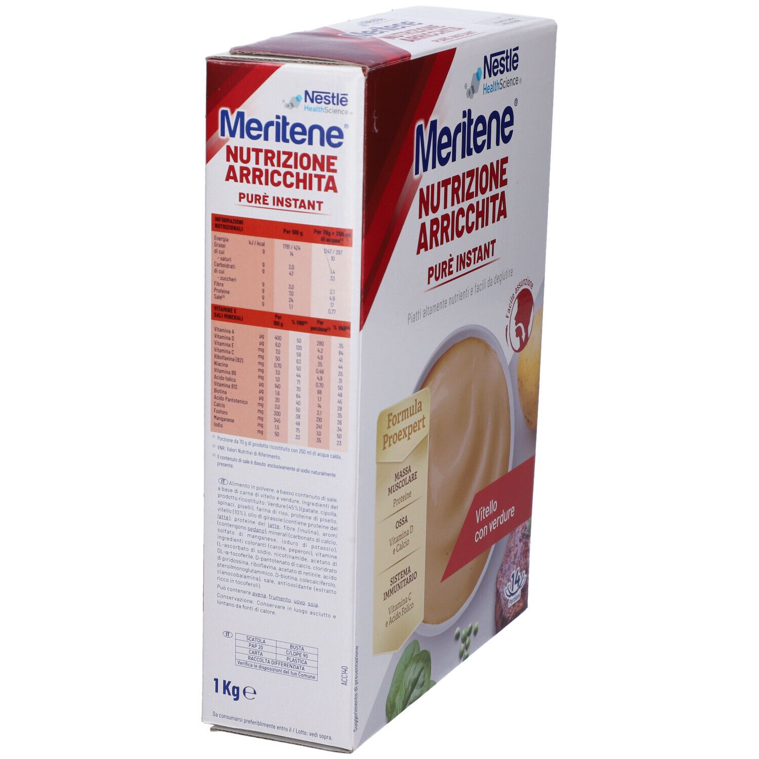 Confezione Nestlé MERITENE® Puré Vitello con Verdure. Vista laterale con informazioni nutrizionali e immagine del prodotto.