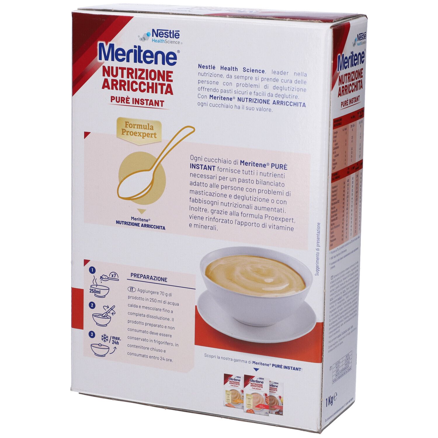 Retro della confezione Nestlé MERITENE® Puré Vitello con Verdure. Testo e immagine del prodotto.