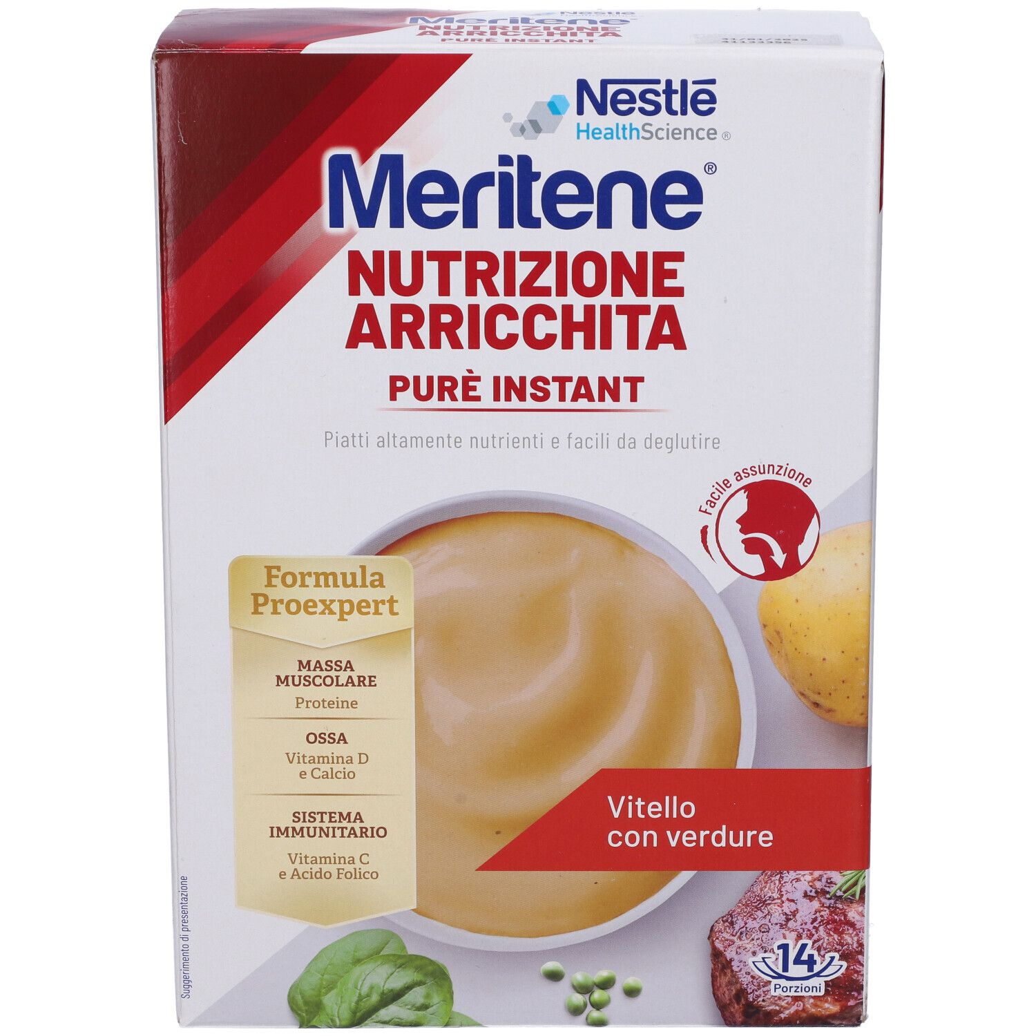 Confezione Nestlé MERITENE® Puré Vitello con Verdure. Scritta: Nutrizione Arricchita, Puré Instant. Immagine del prodotto.