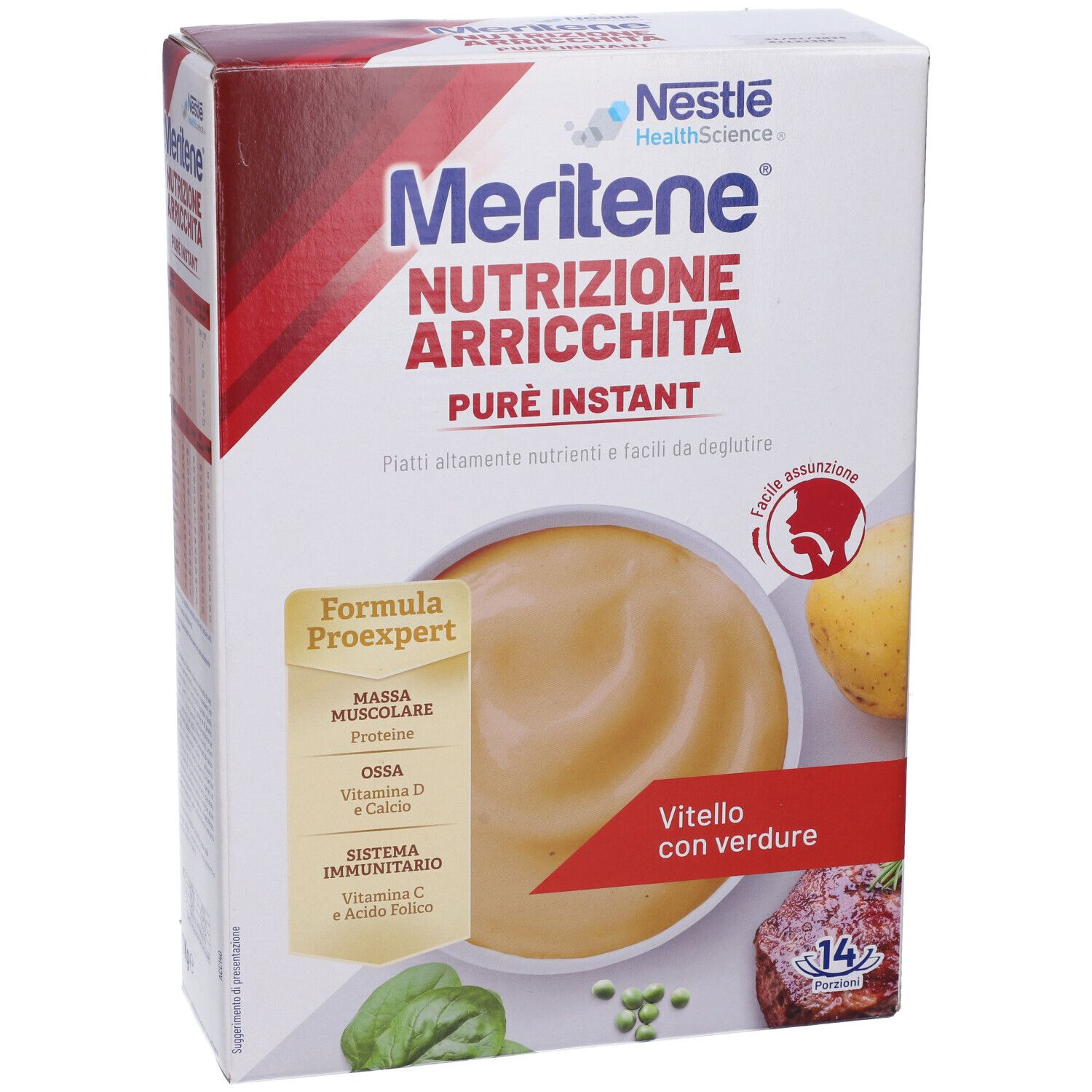 Confezione Nestlé MERITENE® Puré Vitello con Verdure. Scritta: Nutrizione Arricchita, Puré Instant. Immagine del prodotto.