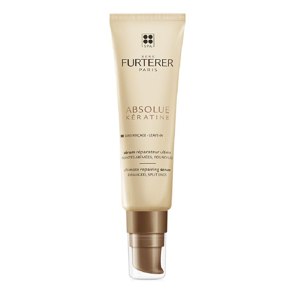 Tubo beige con tappo marrone. Scritta: René Furterer, Absolue Kératine. Siero riparatore estremo.