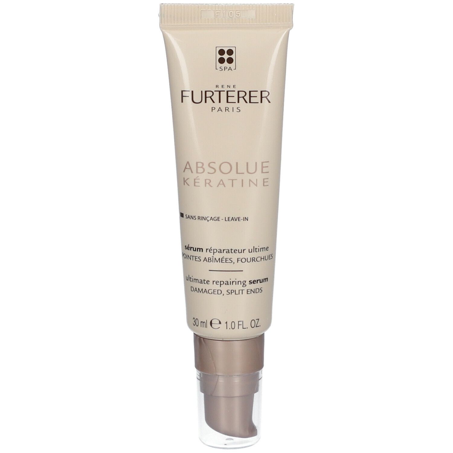 Tubo beige con tappo marrone. Scritta: René Furterer, Absolue Kératine. 30 ml.
