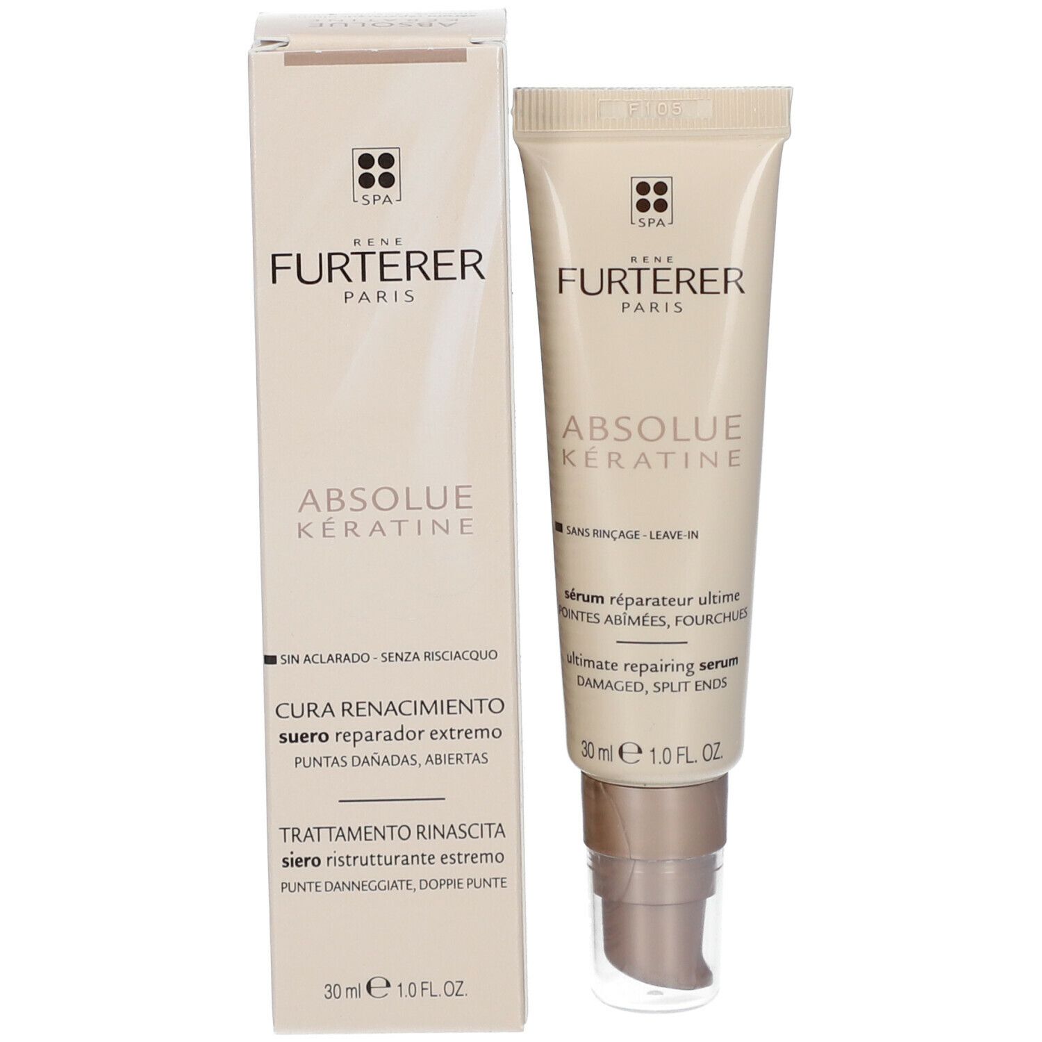 Prodotto con confezione. Tubo e scatola. Scritta: René Furterer, Absolue Kératine. 30 ml.
