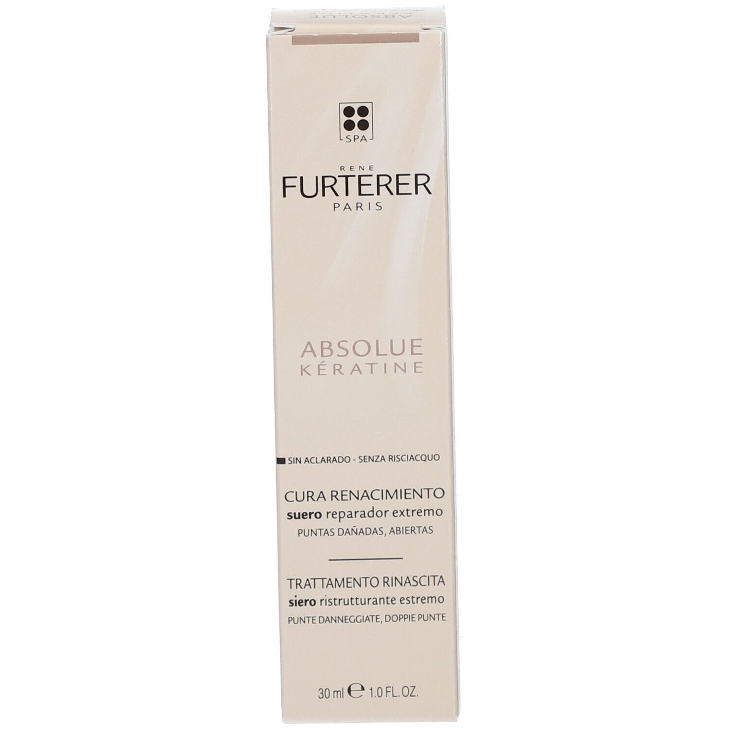 Scatola con nome del prodotto. Scritta: René Furterer, Absolue Kératine. 30 ml.