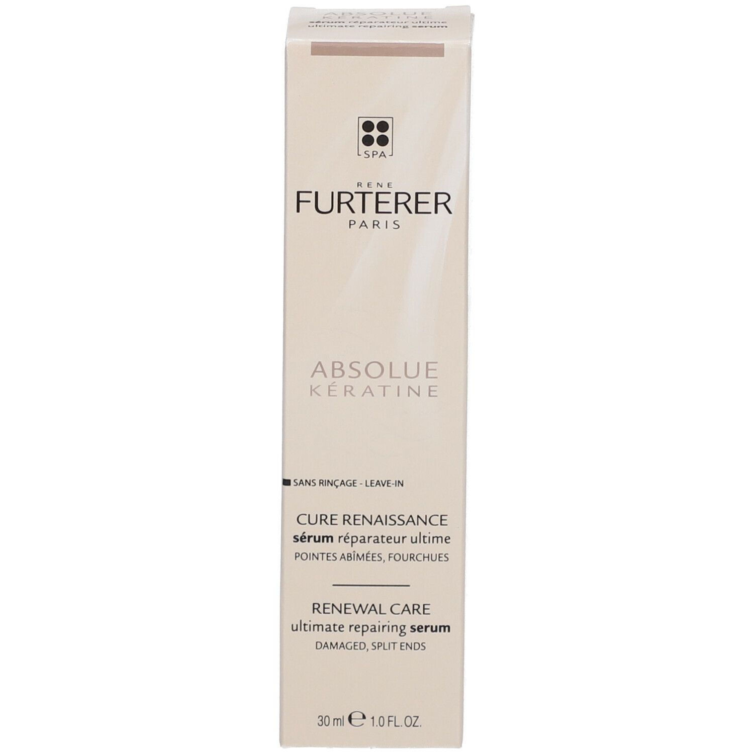 Scatola con nome del prodotto. Scritta: René Furterer, Absolue Kératine. 30 ml.