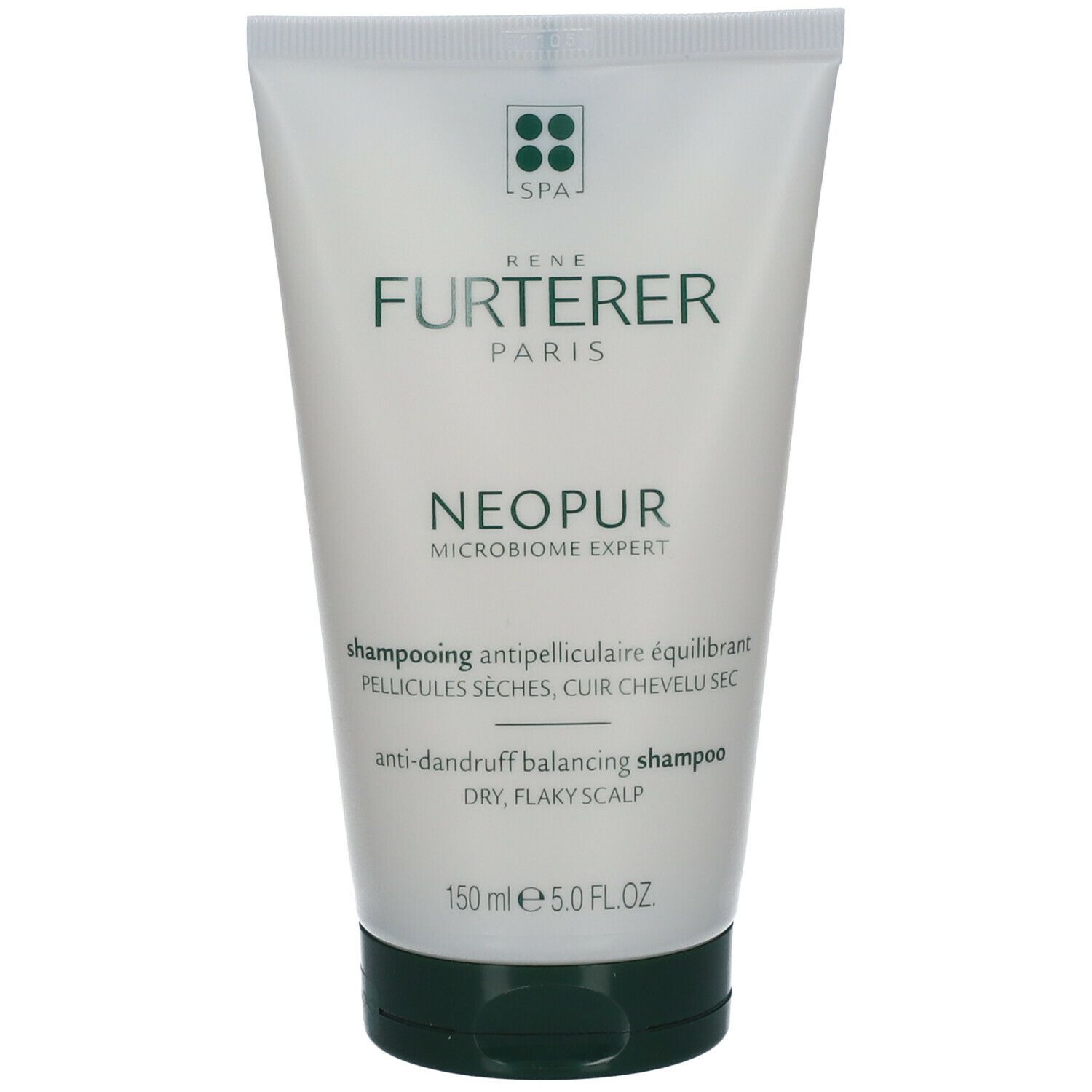 Tubo bianco-verde di shampoo. Testo: René Furterer, Neopur, shampoo anti-forfora, cuoio capelluto secco.