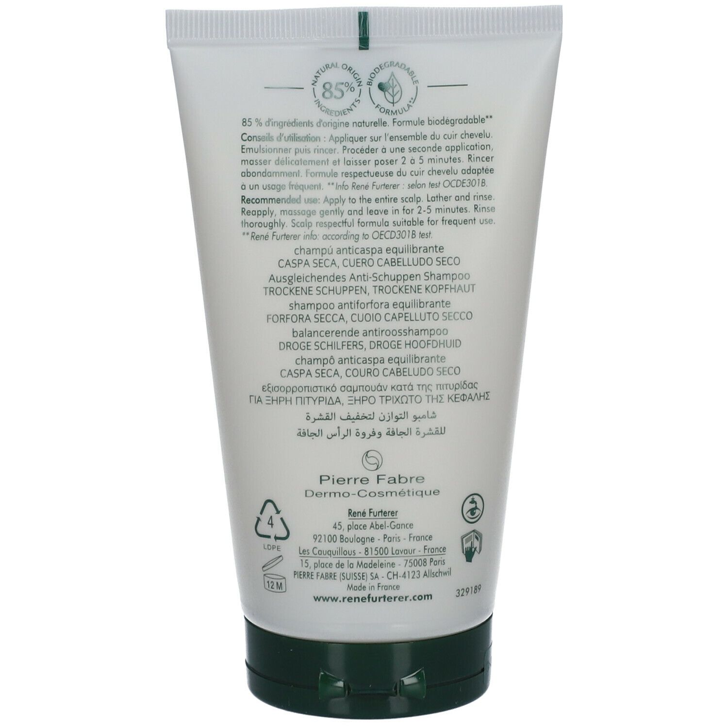 Retro del tubo di shampoo. Testo: ingredienti, istruzioni per l'uso, René Furterer, Pierre Fabre.