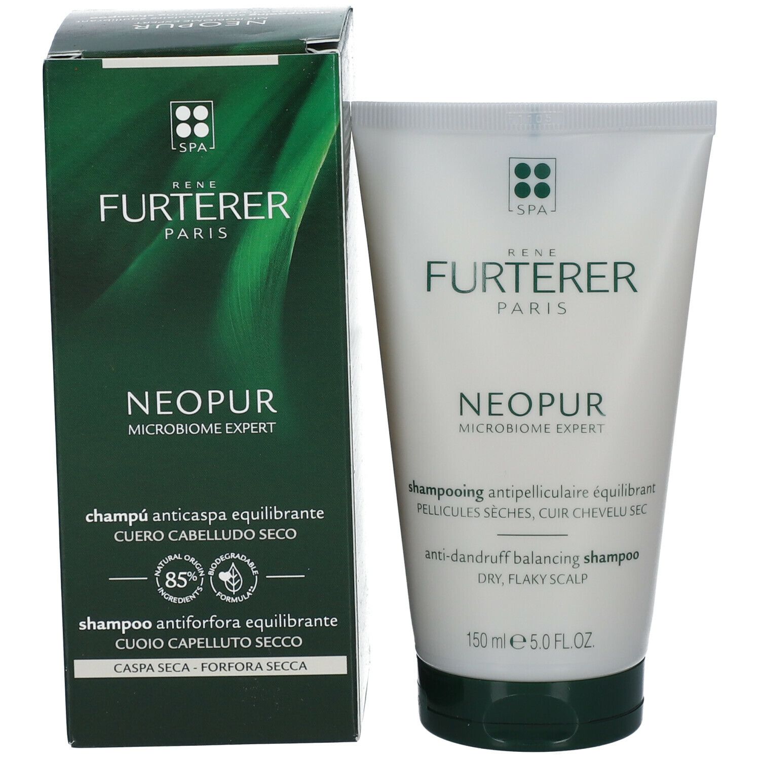 Tubo e scatola di shampoo. Testo: René Furterer, Neopur, shampoo anti-forfora, cuoio capelluto secco.