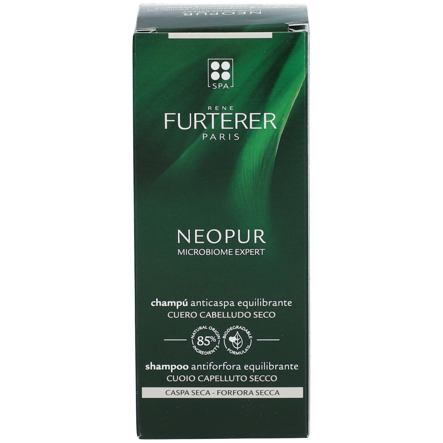 Scatola verde. Testo: René Furterer, Neopur, shampoo anti-forfora, cuoio capelluto secco.