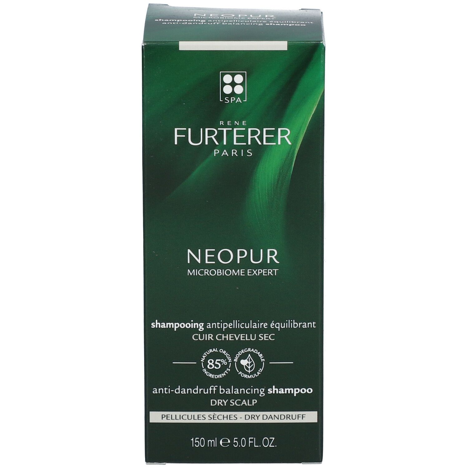 Scatola verde. Testo: René Furterer, Neopur, shampoo anti-forfora, cuoio capelluto secco.