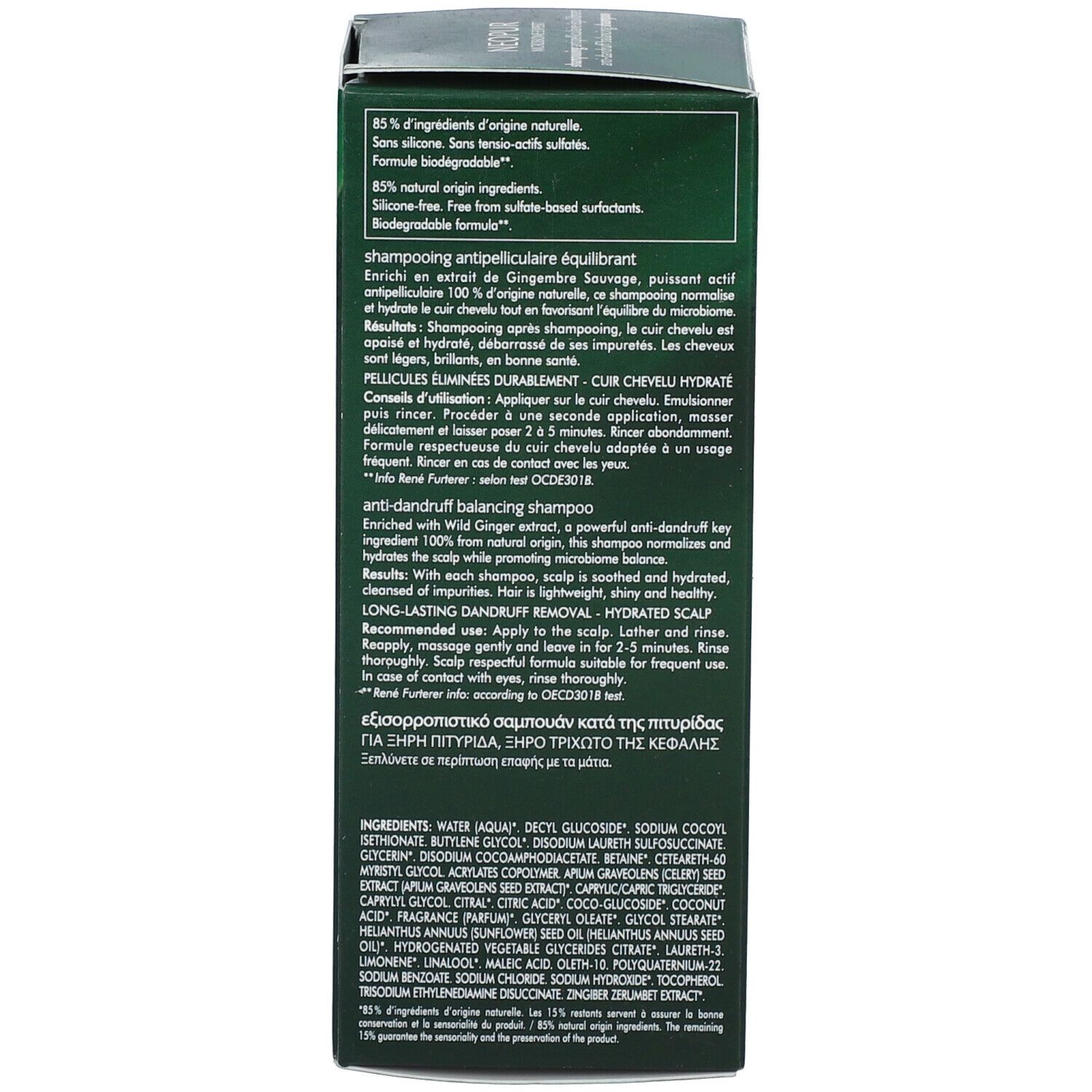 Retro della scatola verde. Testo: ingredienti, istruzioni per l'uso, René Furterer.