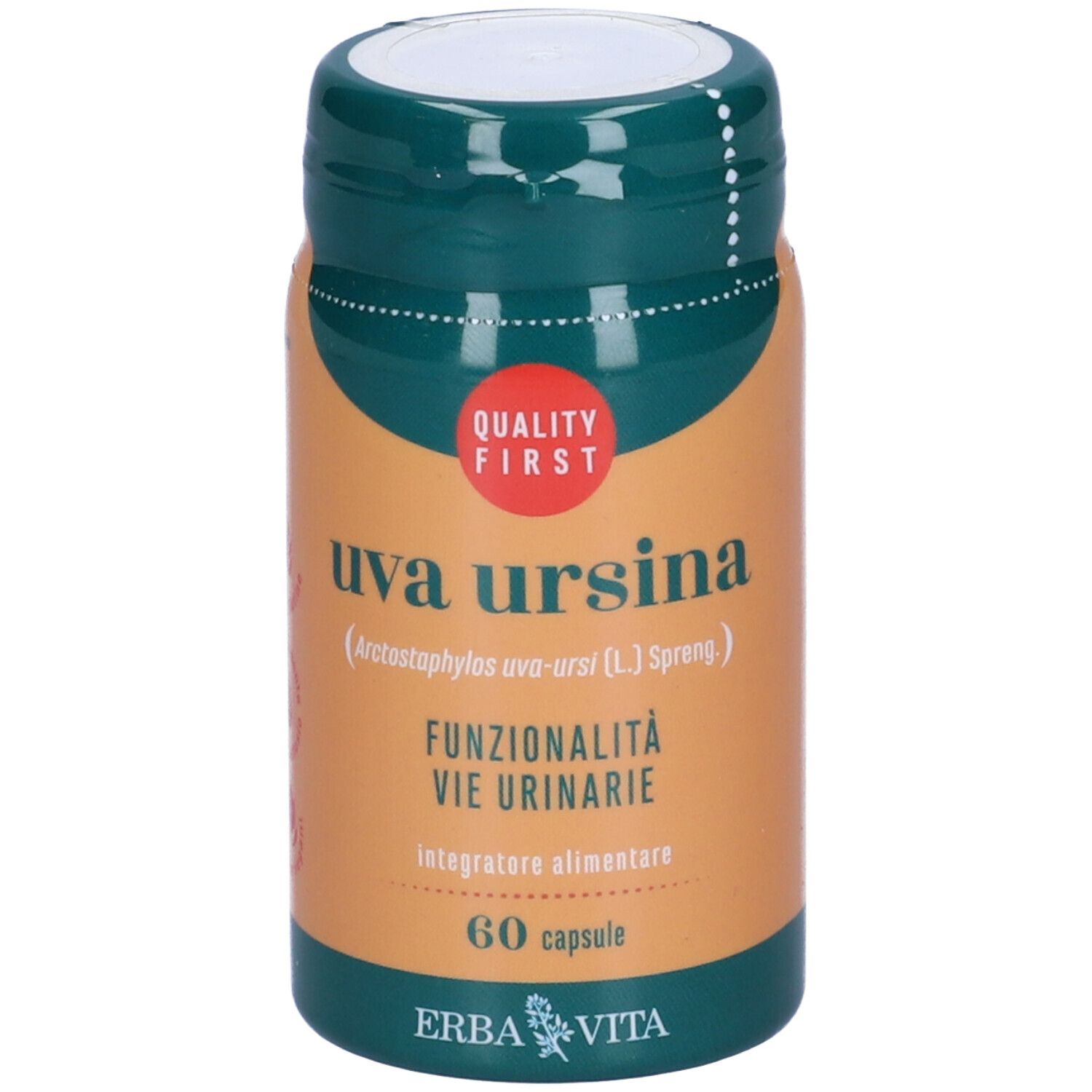 Flacone di capsule marrone con coperchio verde. Scritta: Uva ursina, 60 capsule. Marchio: Erba Vita. Marchio di qualità.