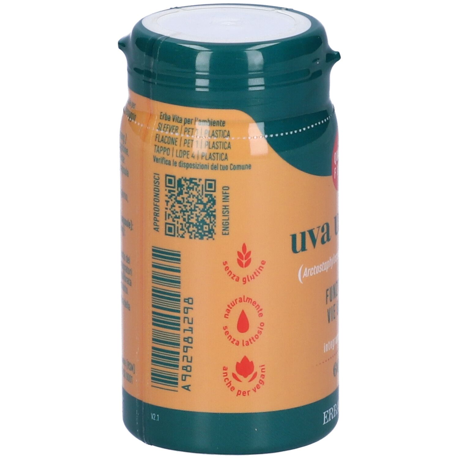 Retro del flacone di capsule. Scritta: Uva ursina, senza glutine, vegano, senza lattosio. Codice a barre e QR code.