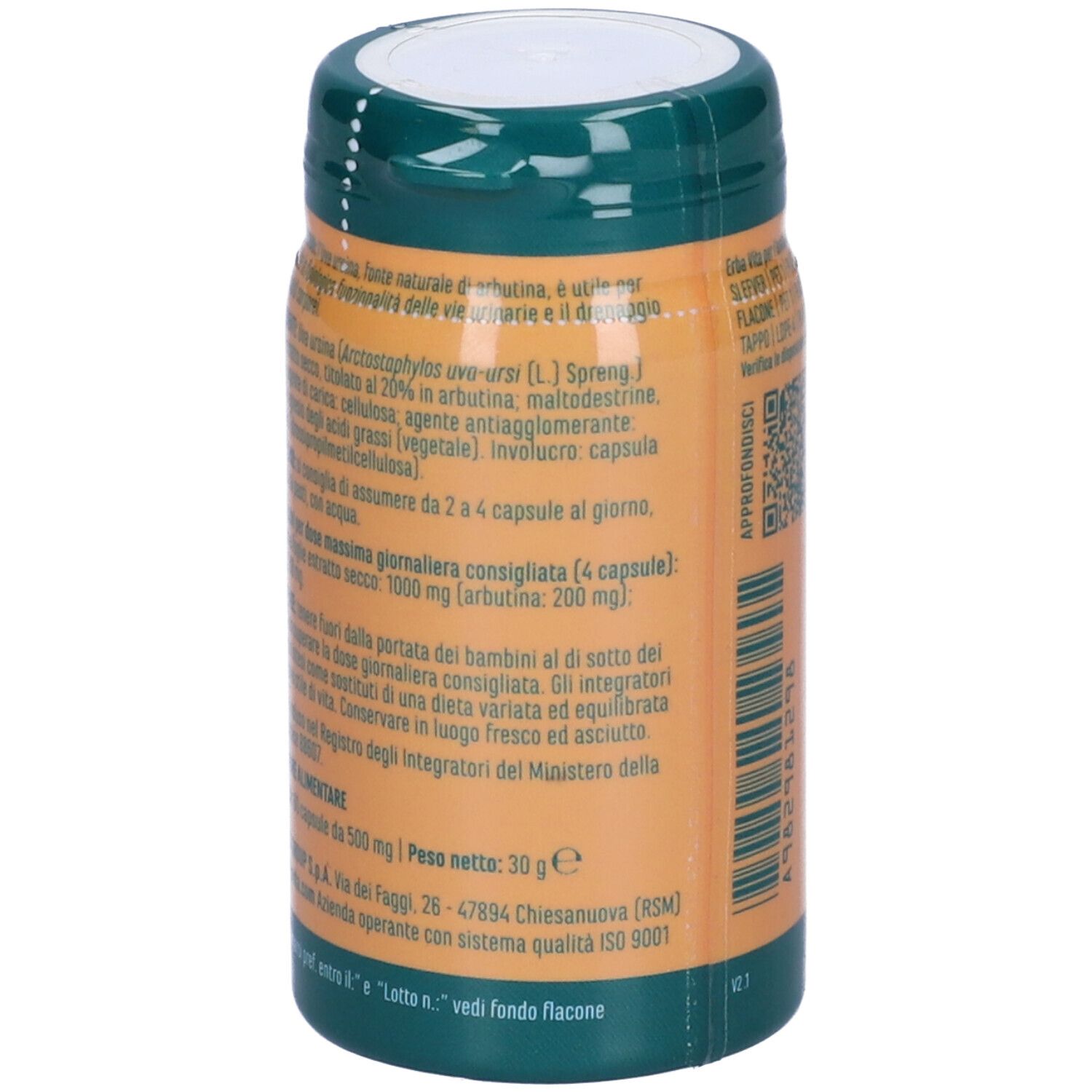 Lato del flacone di capsule. Scritta: Uva ursina, ingredienti, dose giornaliera raccomandata, peso netto 30g. ISO 9001.