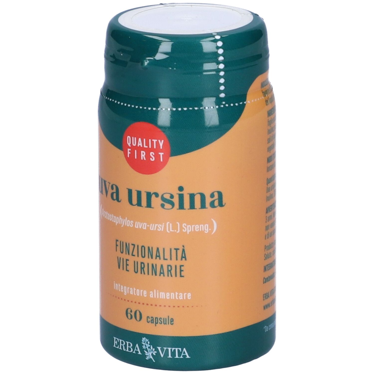 Flacone di capsule marrone con coperchio verde. Scritta: Uva ursina, 60 capsule. Marchio: Erba Vita. Marchio di qualità.