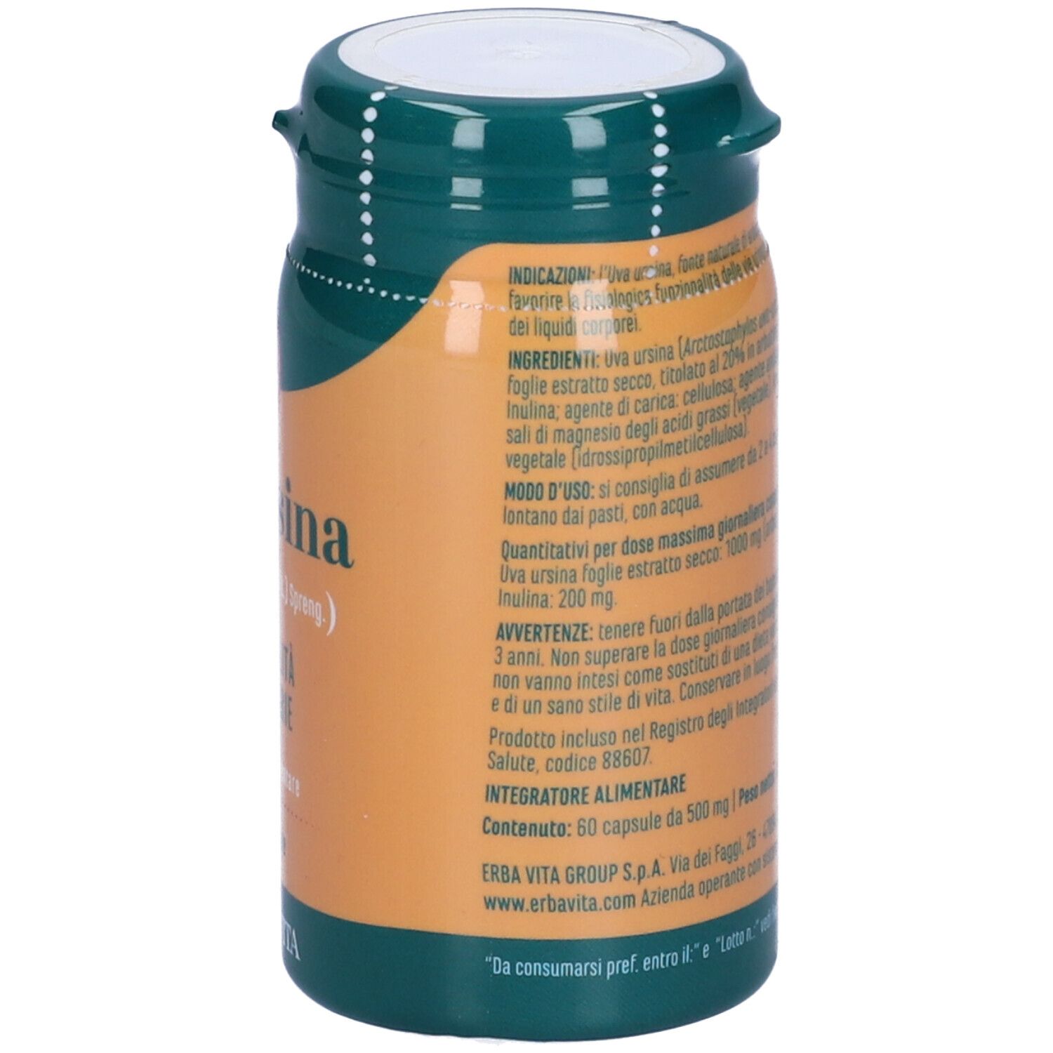 Lato del flacone di capsule. Scritta: Uva ursina, ingredienti, dose giornaliera raccomandata, contenuto 60 capsule. Marchio: Erba Vita.