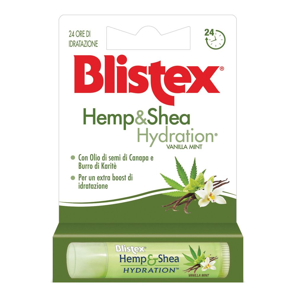 Confezione Blistex® Hemp & Shea Hydration Stick Labbra. Prodotto e confezione con motivo canapa e karité.
