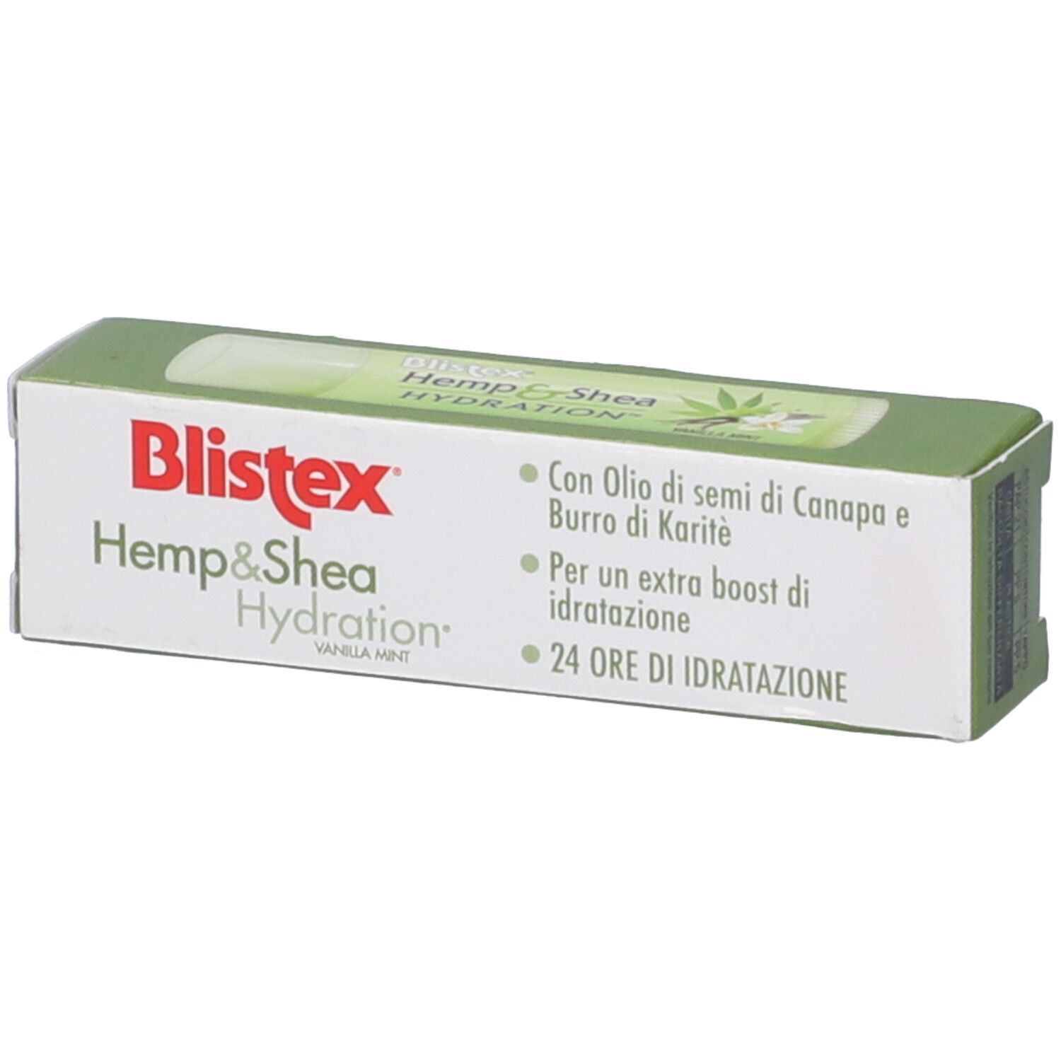 Blistex® Hemp & Shea Hydration Stick Labbra in scatola. Confezione con informazioni sul prodotto e motivo canapa.