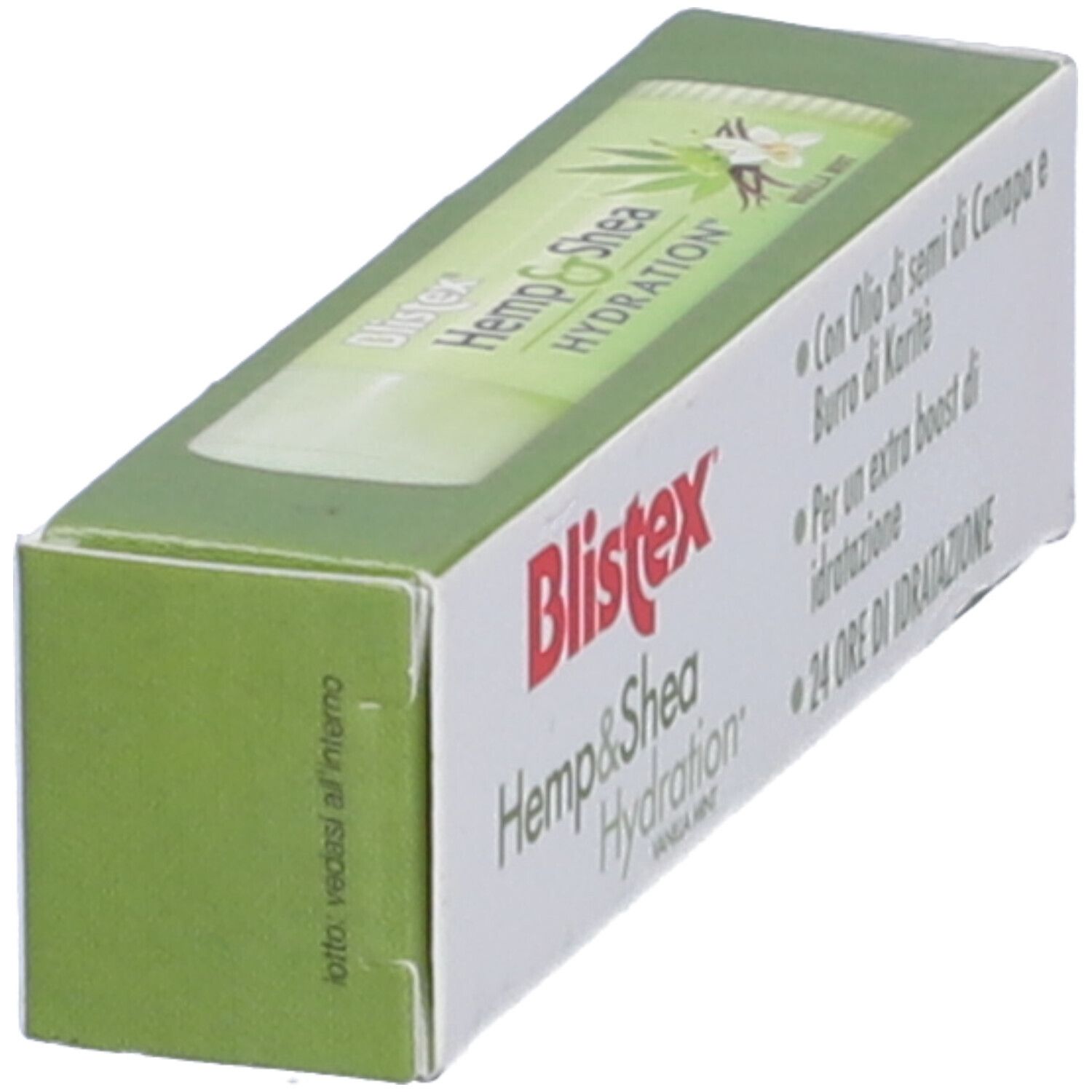 Blistex® Hemp & Shea Hydration Stick Labbra in scatola. Confezione con informazioni sul prodotto e motivo canapa.