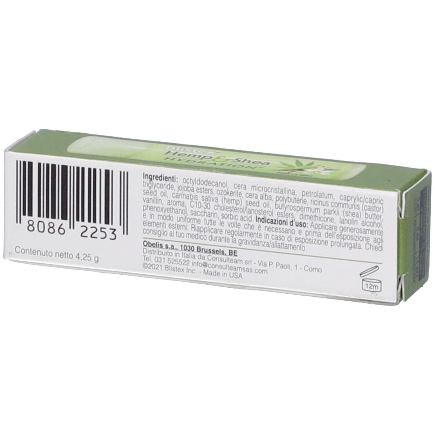 Retro della confezione Blistex® Hemp & Shea Hydration Stick Labbra. Ingredienti, codice a barre e informazioni produttore.