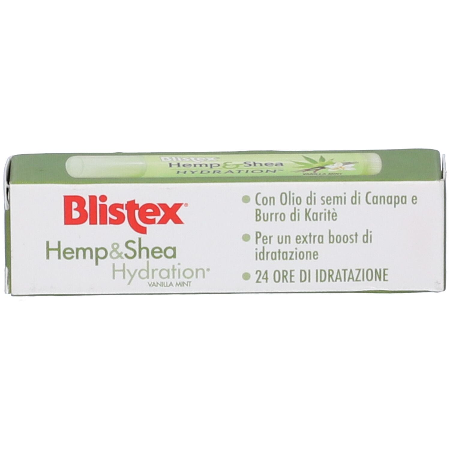 Confezione Blistex® Hemp & Shea Hydration Stick Labbra. Fronte con nome del prodotto e informazioni.