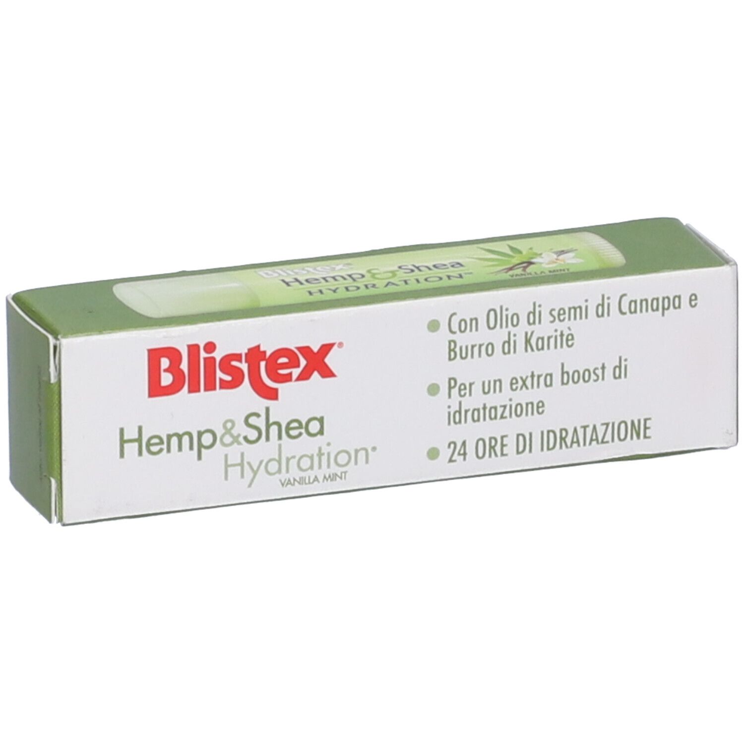 Confezione Blistex® Hemp & Shea Hydration Stick Labbra. Fronte con nome del prodotto e informazioni.