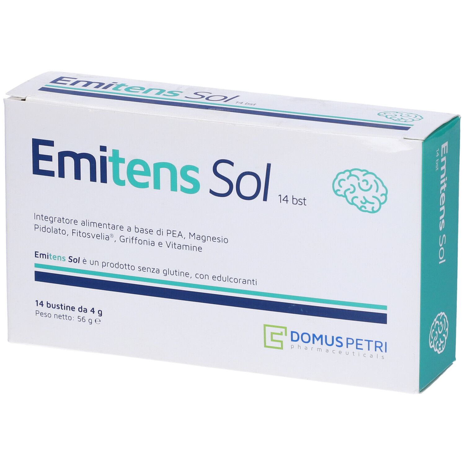 Scatola di Emitens Sol, 14 bustine. Scritta: Integratore alimentare. Logo Domus Petri.
