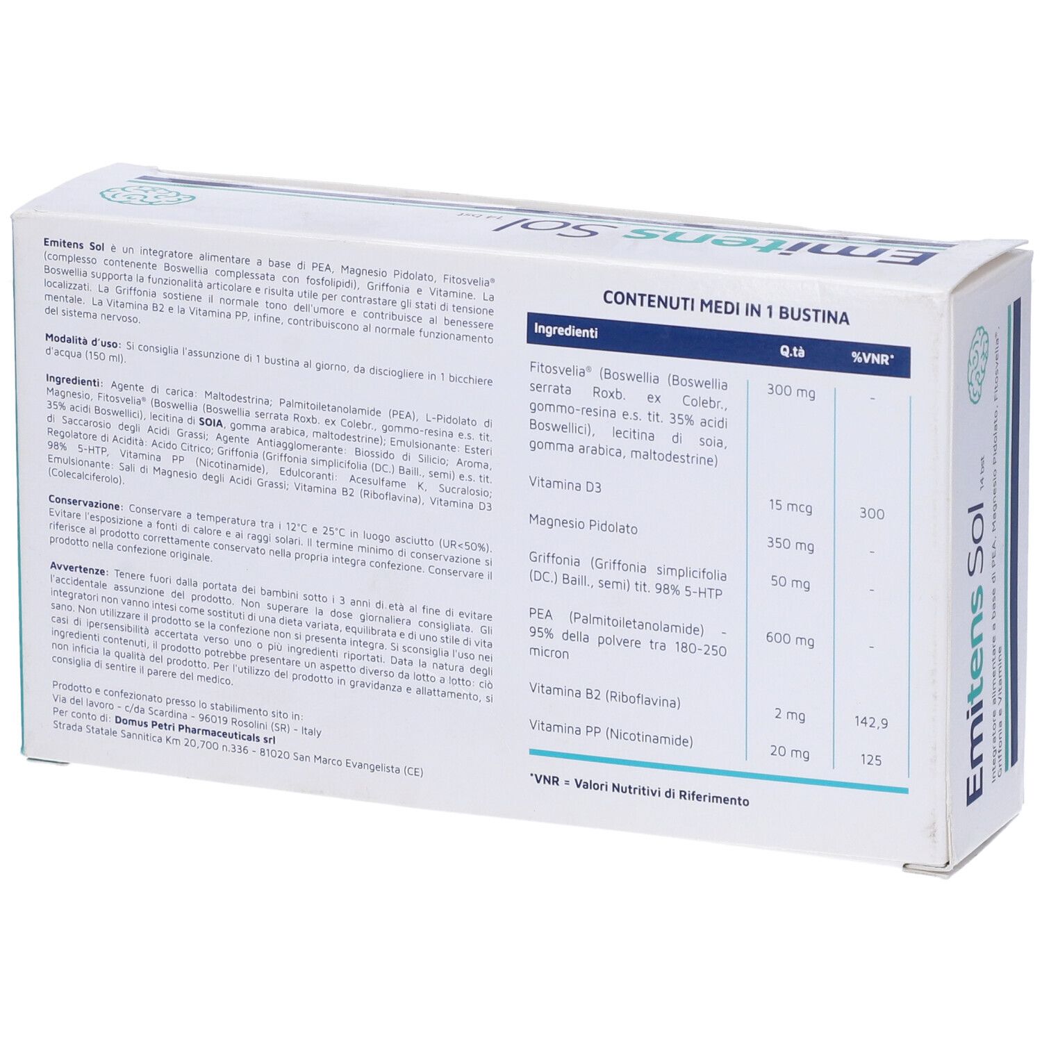 Retro della scatola Emitens Sol. Testo sugli ingredienti e valori nutrizionali. Logo Domus Petri.