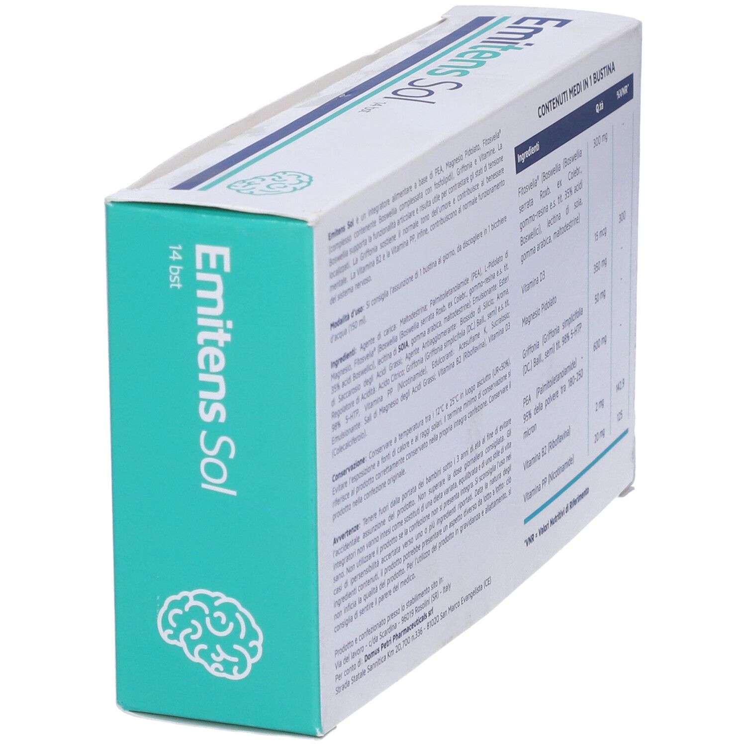 Scatola Emitens Sol, 14 bustine. Verde e bianca. Testo sugli ingredienti e valori nutrizionali. Logo Domus Petri.