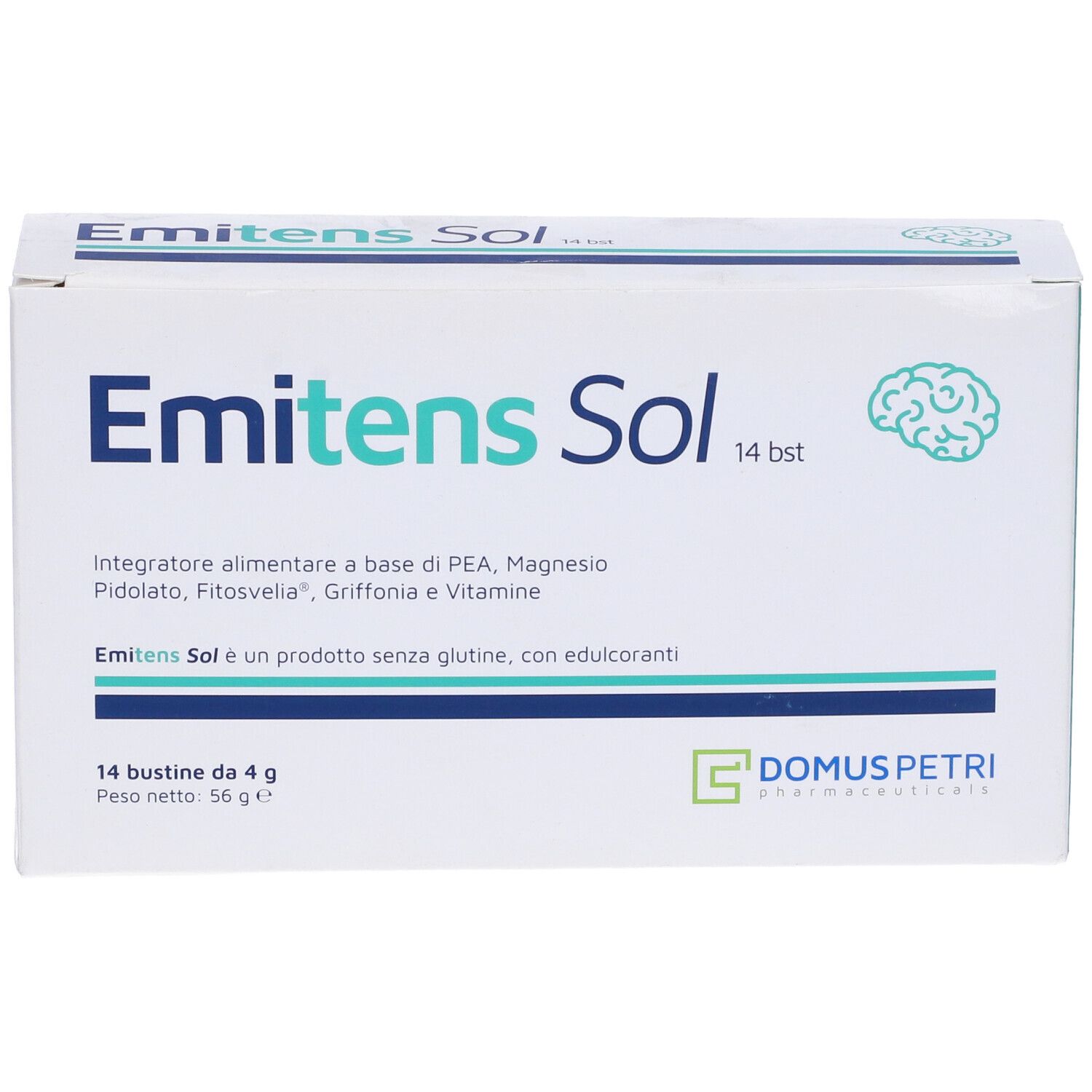 Scatola Emitens Sol, 14 bustine. Scritta: Integratore alimentare. Logo Domus Petri.