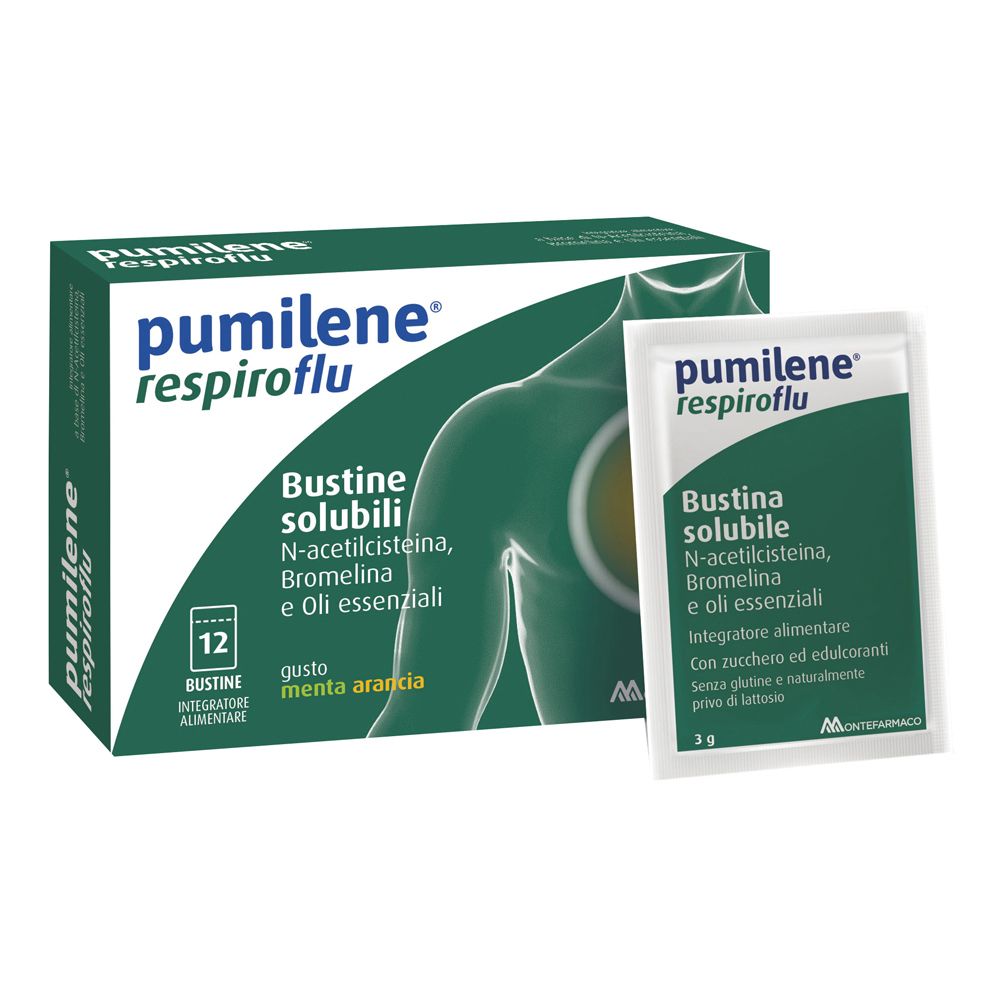 Confezione di 12 bustine solubili. Bustina singola con nome e ingredienti. Sfondo verde con illustrazione.