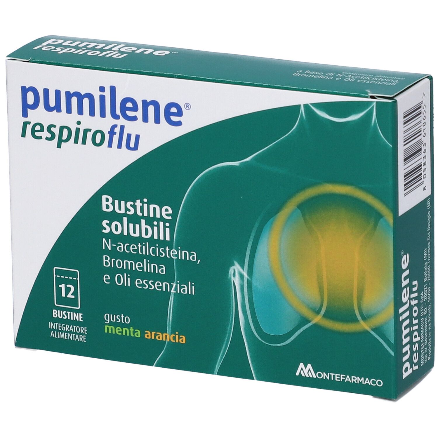 Scatola verde con nome e ingredienti. 12 bustine. Gusto: menta-arancia. Marchio: Montefarmaco.