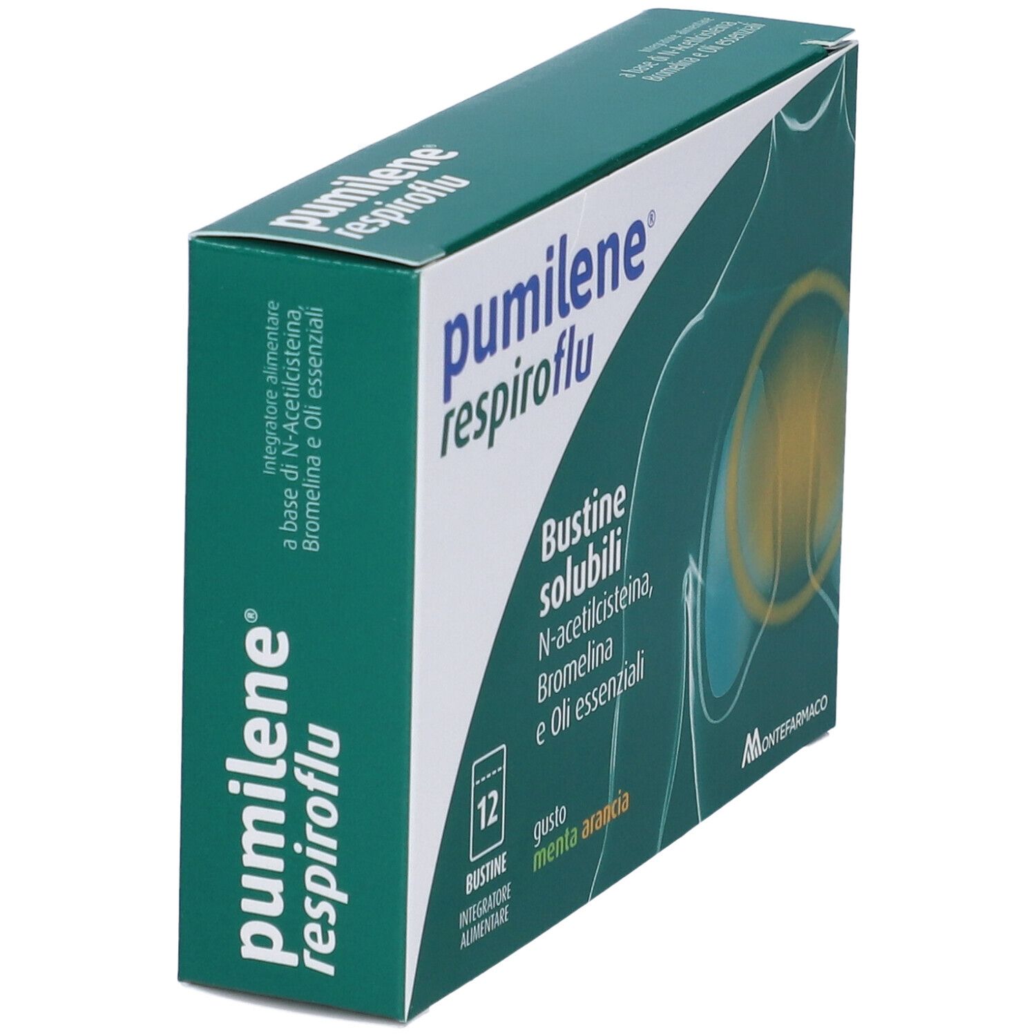 Scatola verde con nome e ingredienti. 12 bustine. Gusto: menta-arancia. Marchio: Montefarmaco.
