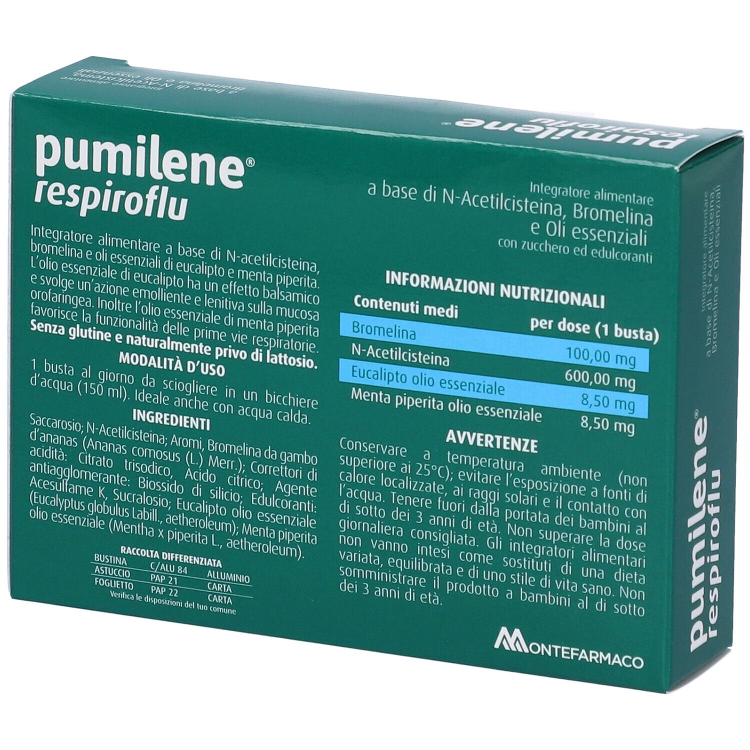 Scatola verde con nome e ingredienti. Retro con ingredienti e informazioni nutrizionali. Marchio: Montefarmaco.