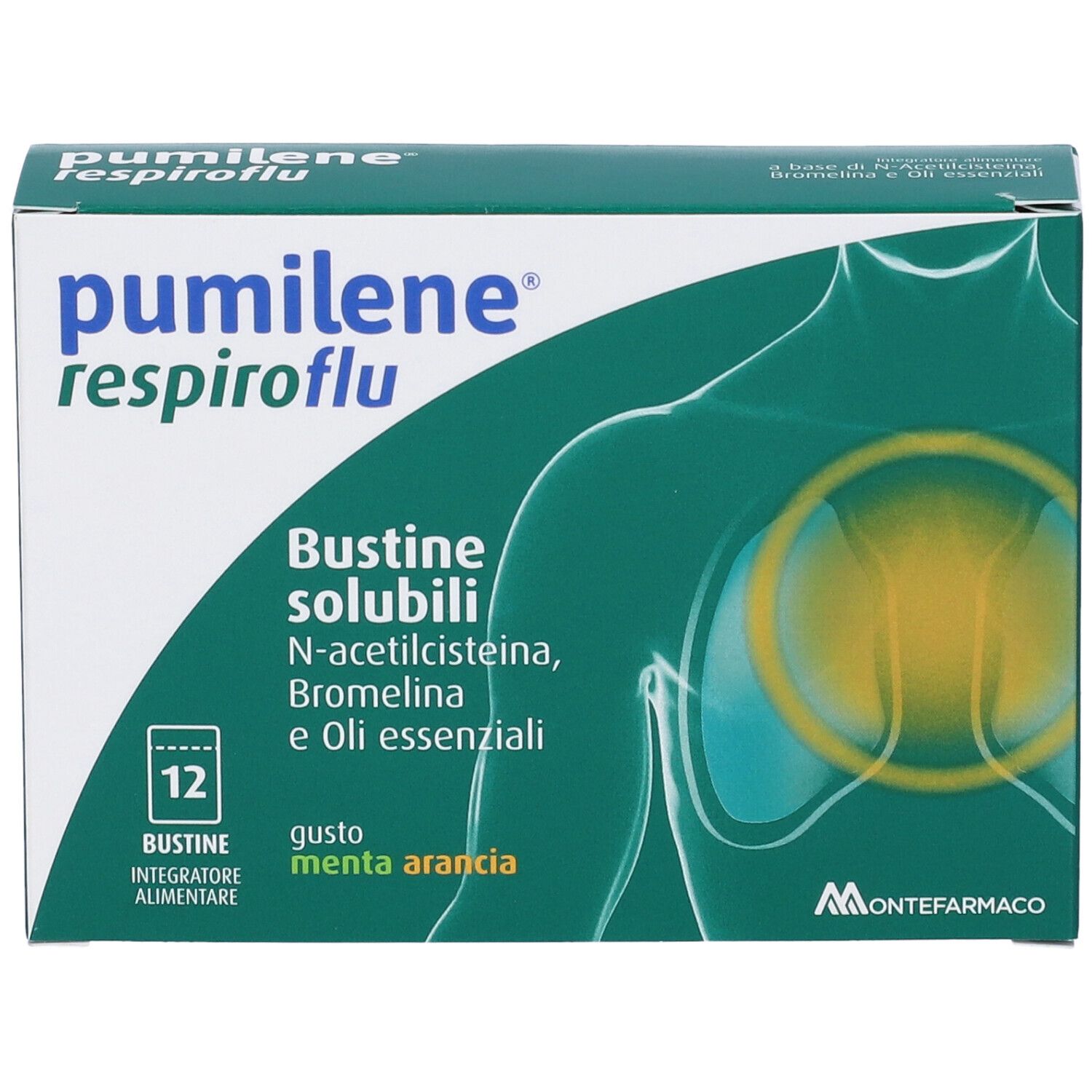Scatola verde con nome e ingredienti. 12 bustine. Gusto: menta-arancia. Marchio: Montefarmaco.