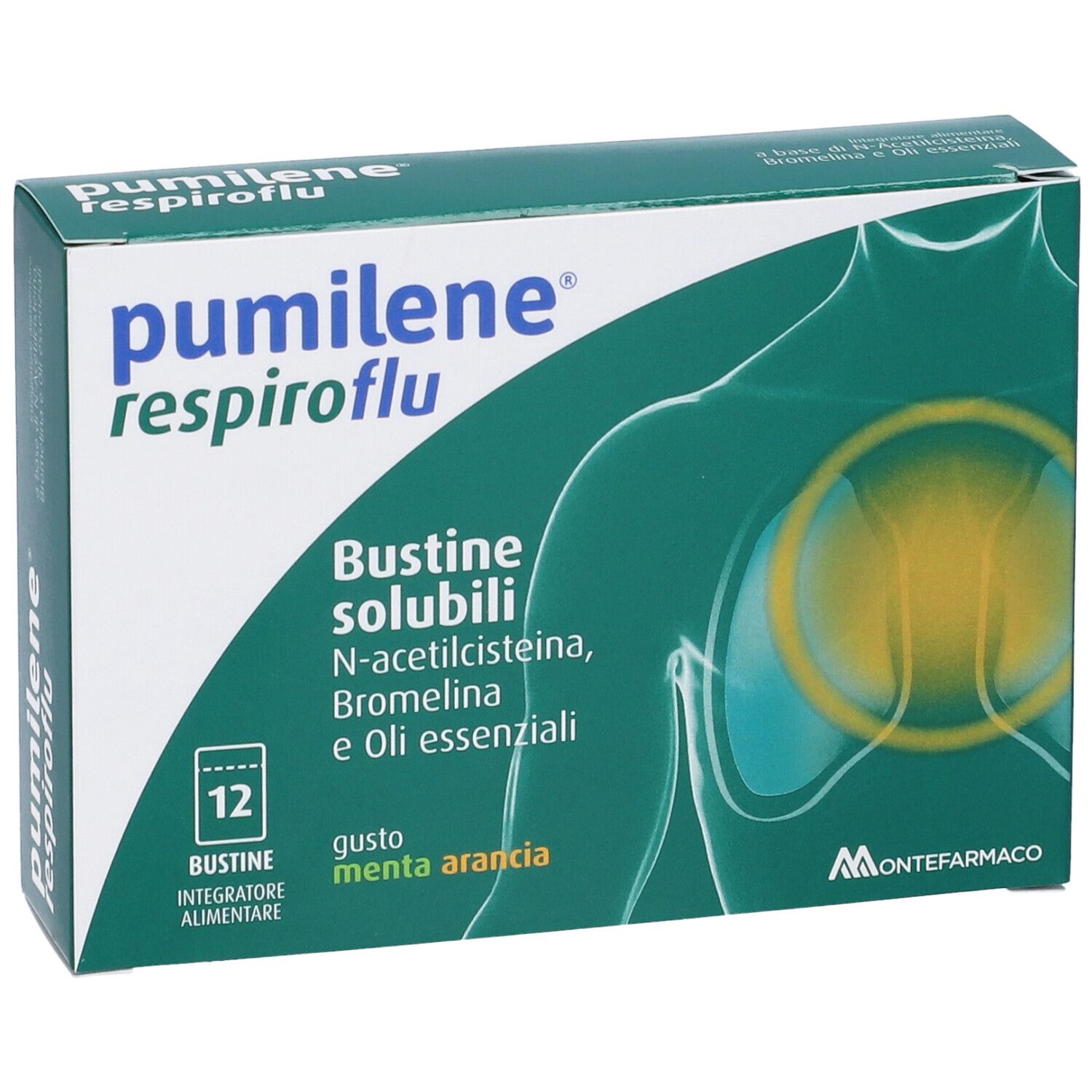 Scatola verde con nome e ingredienti. 12 bustine. Gusto: menta-arancia. Marchio: Montefarmaco.